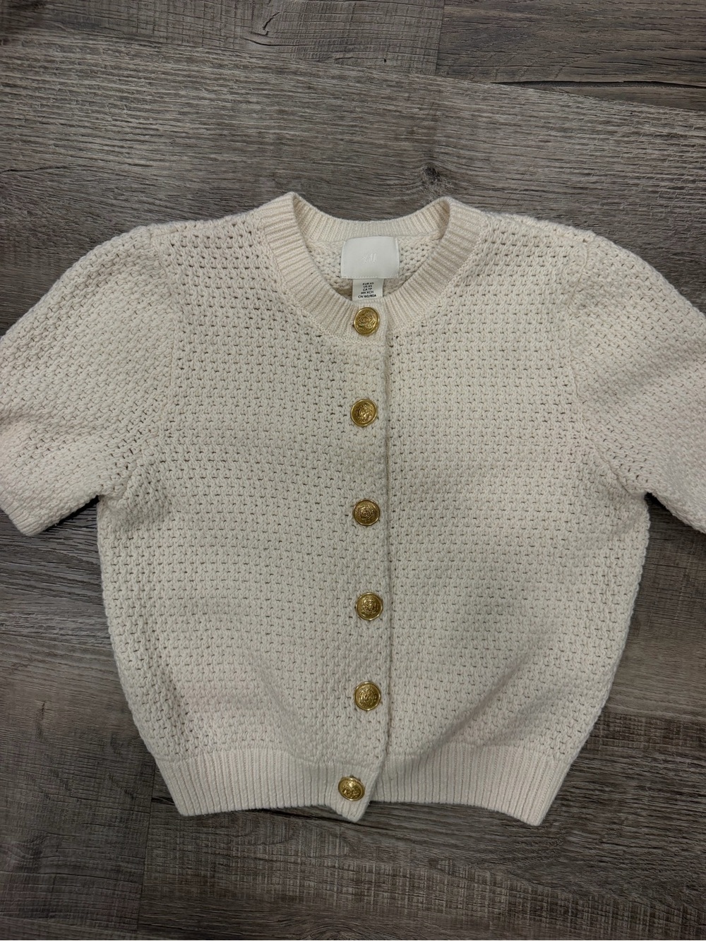 H&M Cream Short-Sleeve Knit Cardigan with Gold Buttons
